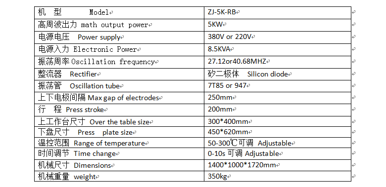 轉盤式高周波機技術參數